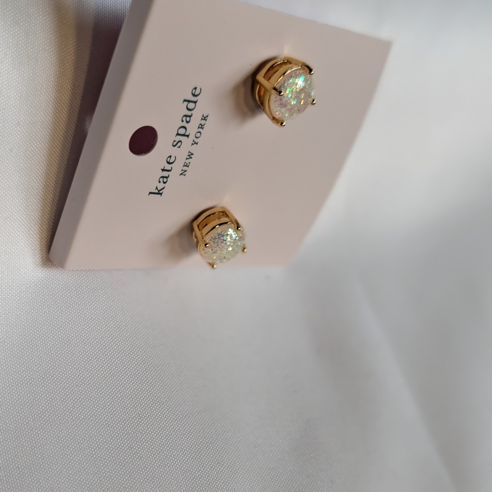 Kate Spade New York Opal Glitter Earrings Ivory, Flash Pink, 4 Prongs Gold NWT - Picture 6 of 12